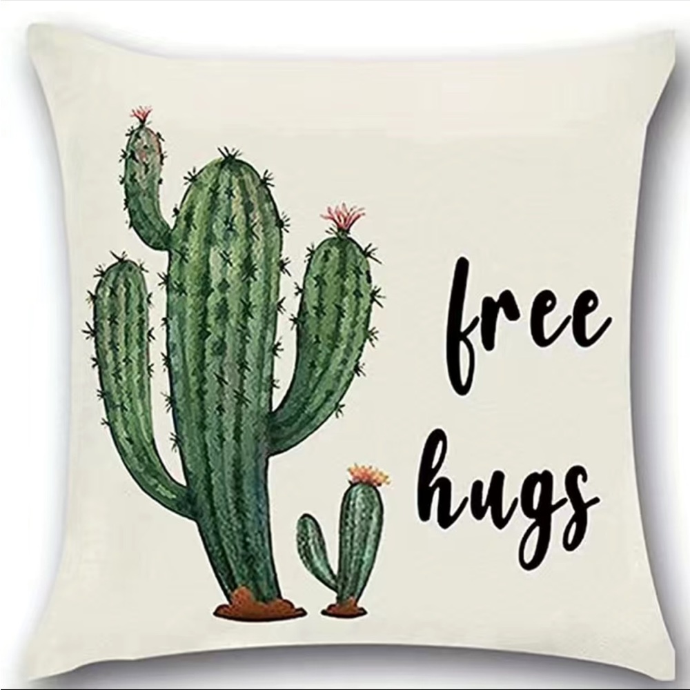 1pc‎ Cactus Free Hugs Printed Throw Pillow Cover, Cotton And Linen 18x18
